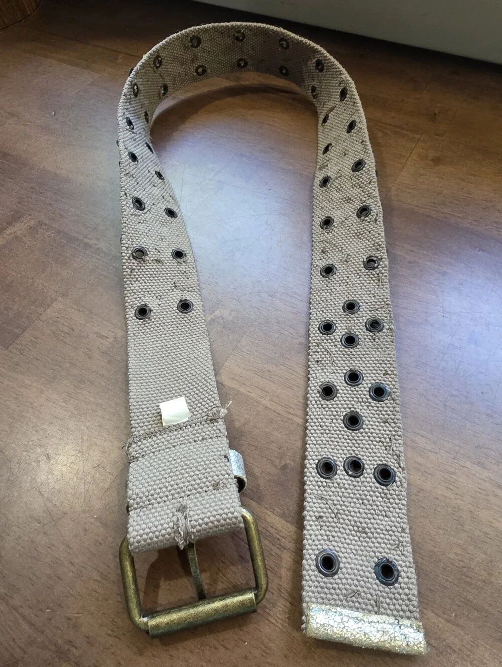 Boho Embellished Canvas Belt Taupe Brass Studded Sequin Size  S/M